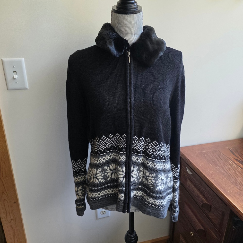 Croft & Barrow Womens Fair Isle Sequin Cardigan Faux Fur Collar Black‎ Large L